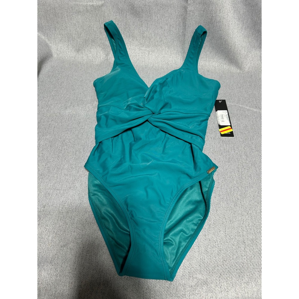 Nicole Miller One Piece Swimsuit Women Size S Green Twist Front Ruched Swim